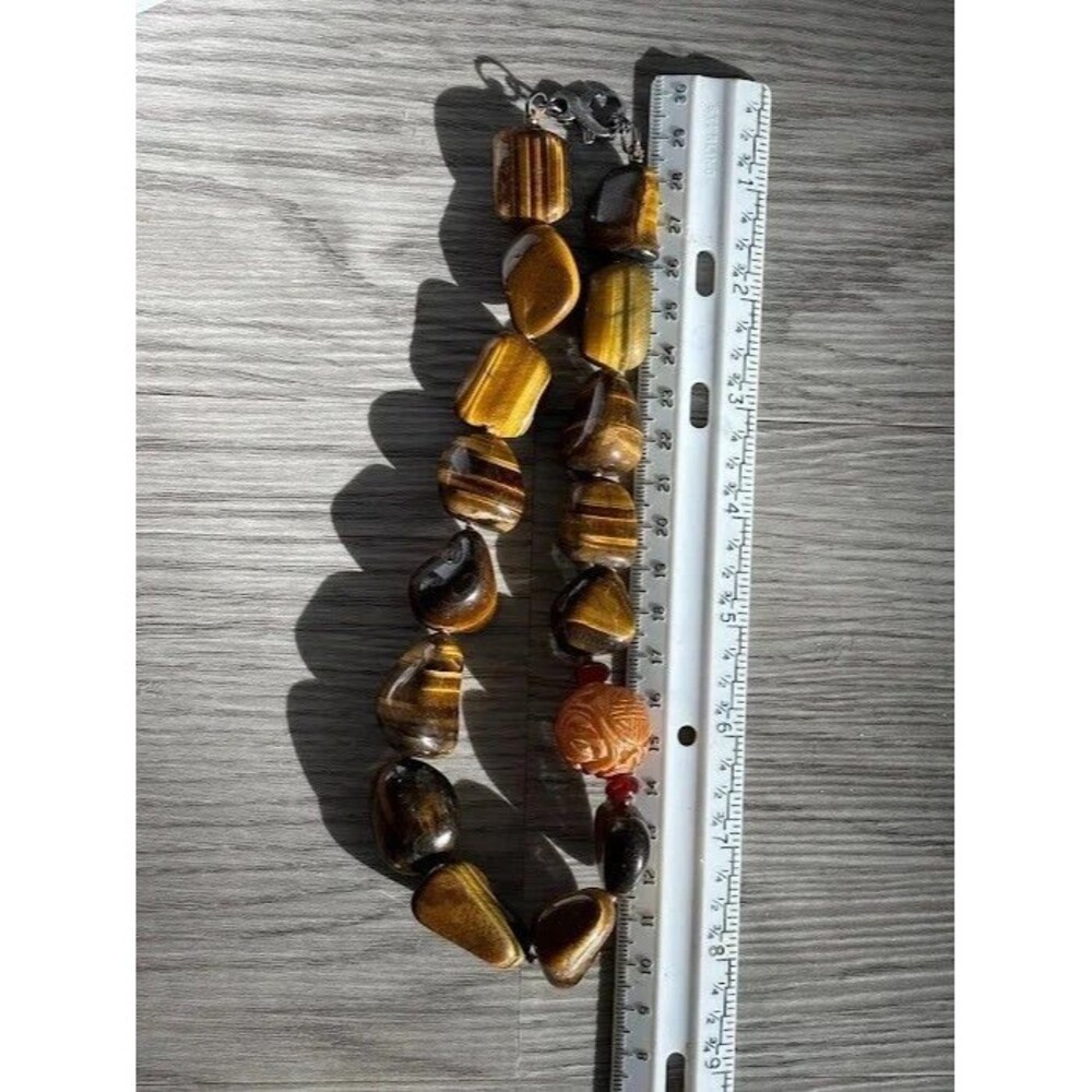 Vintage Sterling Silver Tiger’s Eye Necklace Hand Knotted Shou Bead 17" Chinese - Picture 15 of 16